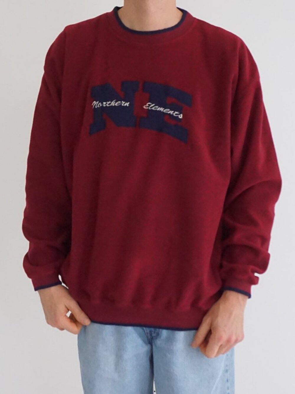 Vintage Northern Elements Burgundy Navy Logo Fleece Sweatshirt Outdoor Casual L